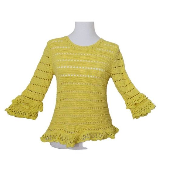 Lilly Pulitzer Sweaters - Lilly Pulitzer Crochet Knit Sweater Women's XS Yellow 3/4 Sleeve Ruffled Cotton